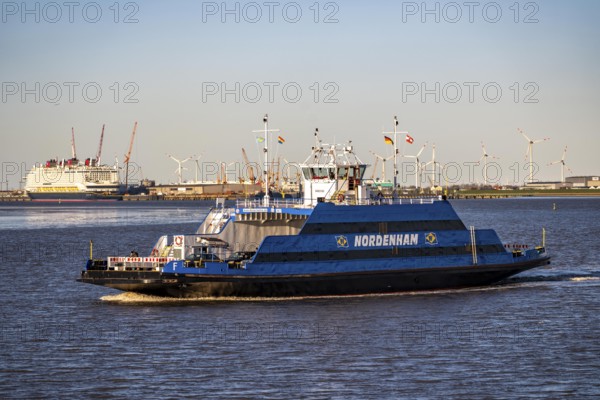 Weser ferry, ferry Nordenham, in the mouth of the Weser, connects Bremerhaven with Nordenham in Lower Saxony, ferry port in the Blexen district, in the background overseas port Bremerhaven, Germany