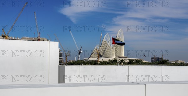 View of a construction site and roof of the Zayed National Museum, Saadiyat Island, Abu Dhabi, United Arab Emirates