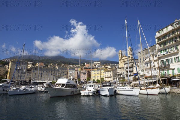 Old port with marina and church of Saint Jean-Baptiste à Bastia or church of St. John the Baptist, Port de Plaisance or Vieux Port, old town, Bastia, Haute-Corse department, Corsica, France