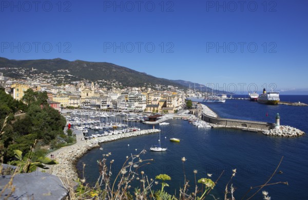 View from the citadel of the old port with marina and church of Saint Jean-Baptiste à Bastia or church of St. John the Baptist, Port de Plaisance or Vieux Port, old town, Bastia, Haute-Corse department, Corsica, France