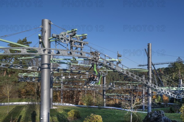 Ski lift for the summer toboggan run in Erlebnisfelsen Pottenstein, Pottenstein, Upper Franconia, Bavaria, Germany