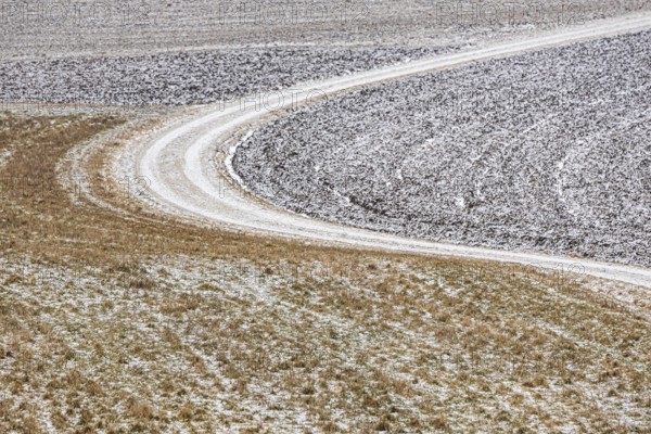 Winter landscape in the Swabian Jura. There is hoarfrost in the fields. Münsingen, Baden-Württemberg, Germany