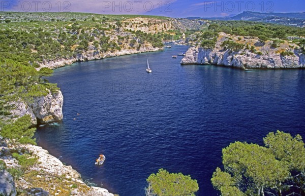 Boats, Port-Miou bay, Massif des Calanques, Bouches-du-Rhône department, southern France, June 1999, vintage, retro, old, historic