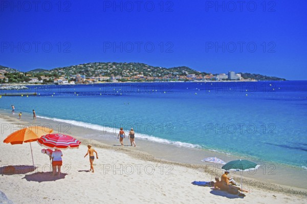 Beach, people, umbrellas, Mediterranean, St-Maxime, Côte d'Azur, southern France, June 1999, vintage, retro, old, historic