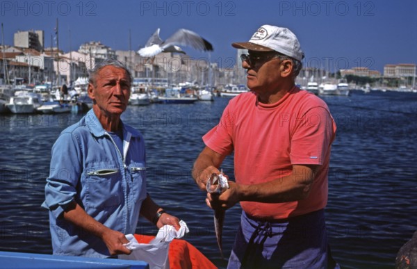 Fish seller, seagull in flight, fish market, Vieux Port, Marseille, southern France, June 1999, vintage, retro, old, historic