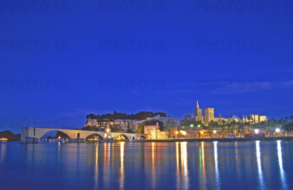 Avignon at night, bridge, Rhône river, Provence, southern France, France, June 1999, vintage, retro, old, historic