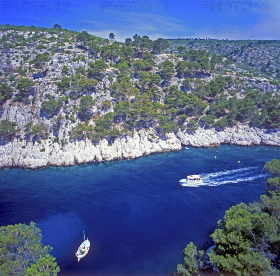 Boats, Port-Pin bay, Massif des Calanques, Bouches-du-Rhône department, southern France, June 1999, vintage, retro, old, historic