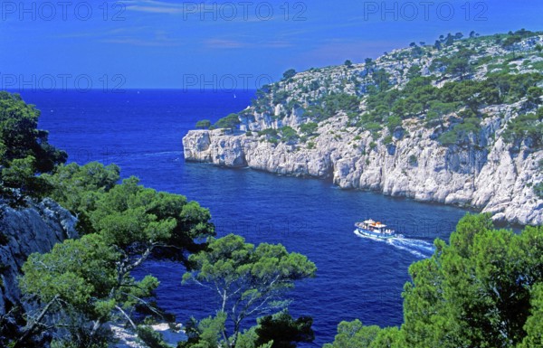 Boat, Port-Pin bay, Massif des Calanques, department of Bouches-du-Rhône, southern France, June 1999, vintage, retro, old, historic