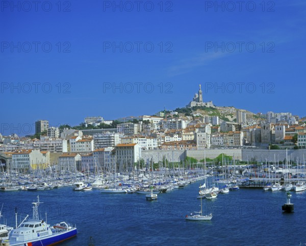 Boats, Vieux Port and Notre Dame, Marseille, southern France, June 1999, vintage, retro, old, historic