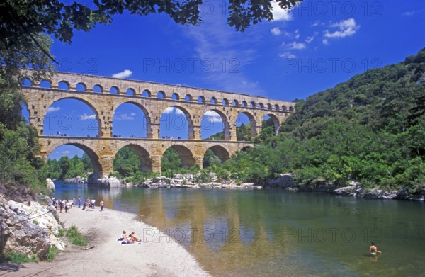 Beach, Gardon river, Pont du Gard near Avignon, southern France, June 1999, vintage, retro, old, historic