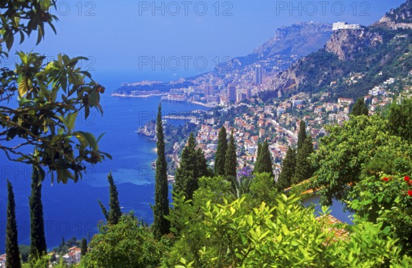 Panoramic view of Monaco, the Hotel Vistäro and Roquebrune-Cap-Martin, Côte d'Azur, Mediterranean, southern France, June 1999, vintage, retro, old, historic