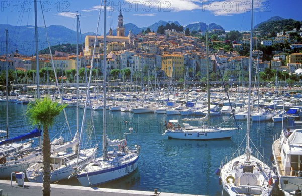 Old town and marina, Menton, Cote d'Azur, Mediterranean, southern France, June 1999, vintage, retro, old, historic