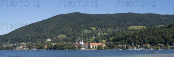 Parish Church of St. Quirinus, Tegernsee Abbey, Castle with Braustüberl, view from Seeufer Point, village Tegernsee, Upper Bavaria, Bavaria, Germany