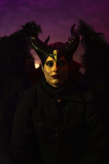 Teufelin, woman with horns, murmurs, winter, Waldburg Castle, Waldburg, Allgäu, Baden-Württemberg, Germany