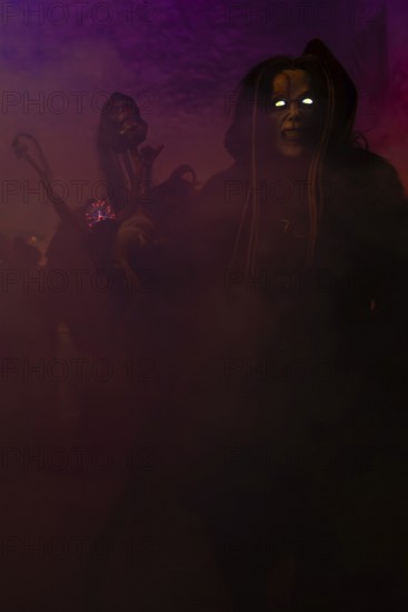 Krampus with glowing eyes, fog, murmurs, winter, Waldburg Castle, Allgäu, Baden-Württemberg, Germany