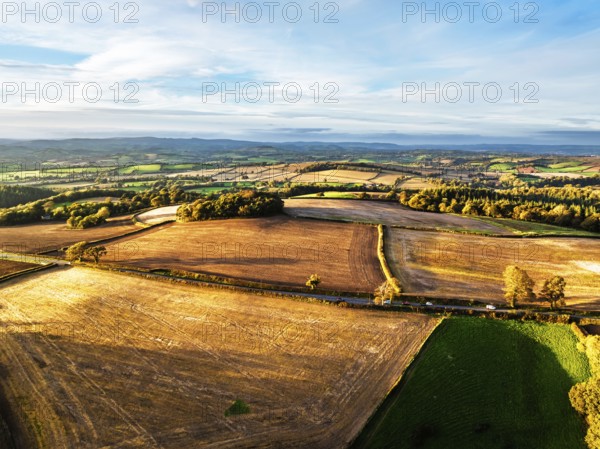 Colours of Devon Farms and Fields over Berry Pomeroy from a drone, Totnes, England, United Kingdom