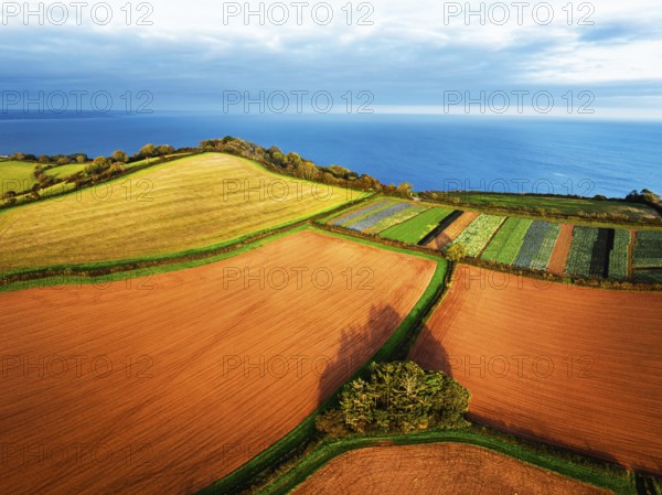 Colours of autumn Fields and Farms over Sheldon from a drone, Torbay, Devon, England, United Kingdom