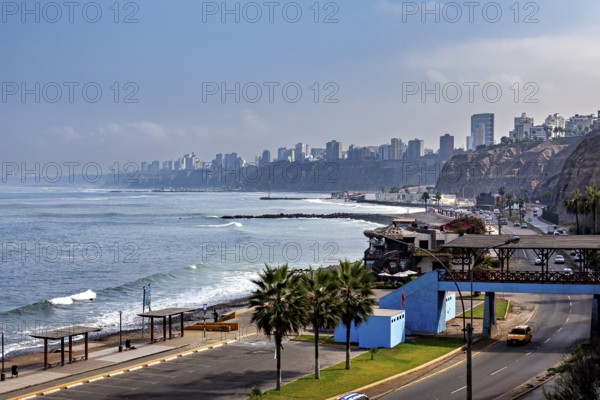 Coastal road with palm trees and views of the seaside city surrounded by cliffs and skyscraper skyline, The coast with the skyline of Lima in Peru