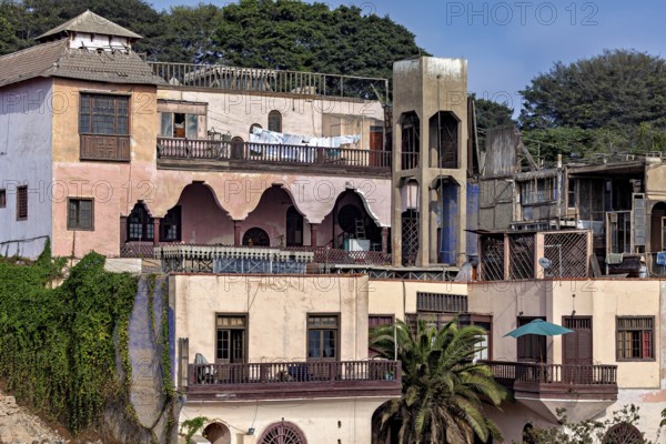 Historic buildings with decorated facades and balconies, surrounded by trees. Colourful and lively city atmosphere, old houses in the old town of Lima in Peru