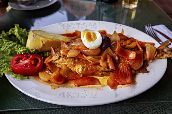 A spicy fried fish with onions, tomatoes, egg and side dishes served on a plate, A fish dish
