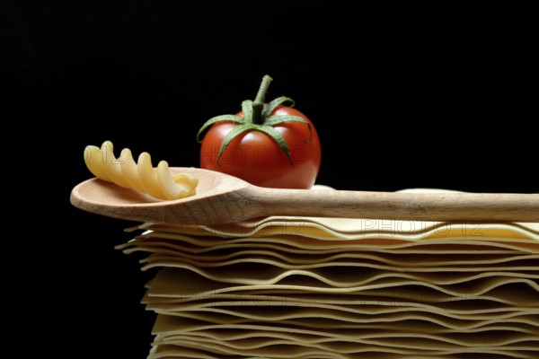 Lasagna, lasagna leaves and cooking spoon with fusilli noodle, noodle nest pasta type