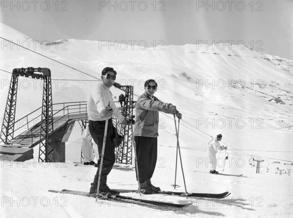 Male skiers at Cedars Ski Resort, Bsharri, Lebanon, Middle East c 1956 - the country's oldest skiing area and first ski lift built in 1953