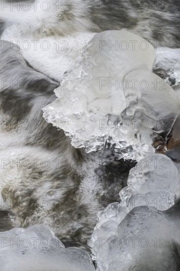 Natural ice sculptures on a stream, Emsland, Lower Saxony, Germany