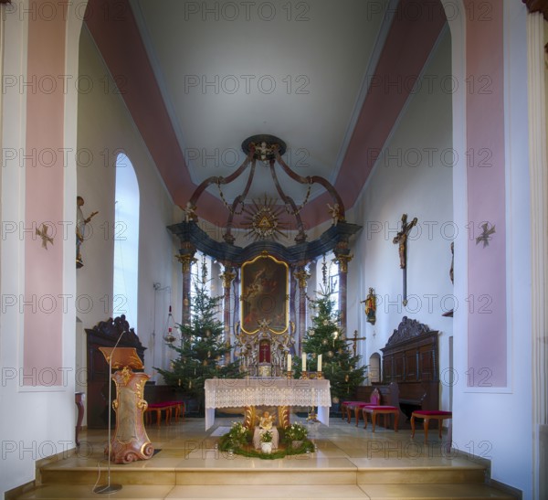 Interior view, choir room, altar, Catholic Saint Barbara church from 1783, baroque, Christmas decoration, Christmas, Hofen, Mühlhausen am Neckar district, Stuttgart, Baden-Württemberg, Germany