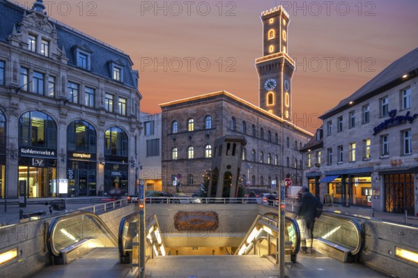 Fürth Town Hall in evening lighting, the tower is imitated the tower of the Palazzo Vecchio in Florence, in front a subway entrance, evening sky, Fürth, Middle Franconia, Bavaria, Germany