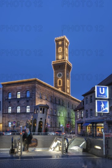 Illuminated Fürth Town Hall during Christmas time in the evening, Fürth, Middle Franconia, Bavaria, Germany