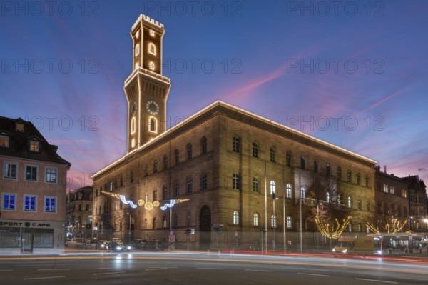 Fürth Town Hall in evening lighting, the tower, is imitated the tower of the Palazzo Vecchio in Florence, evening sky, Fürth, Middle Franconia, Bavaria, Germany