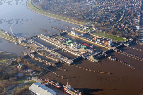 Nord-Ostseekanal, lock, Brunsbüttel, construction site, canal, traffic route, shipping, shipping route, logistics, infrastructure, Elbe, aerial view