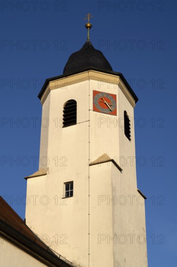 Church tower, Catholic St. Barbara church from 1783, Hofen, Mühlhausen am Neckar district, Stuttgart, Baden-Württemberg, Germany