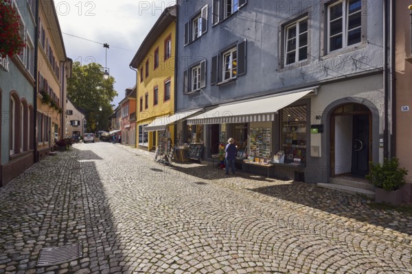 Historic residential and commercial buildings, houses, façade with windows, shutters, awnings and shop windows, Goethe bookstore, shopping, street made of paving stones, pedestrians as accessories, city strolling, backlight, side lighting, sunny, cloudy, stratocumulus clouds, main street, Staufen im Breisgau, Black Forest, Breisgau-Hochschwarzwald district, Baden-Württemberg, Germany