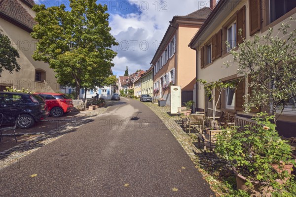 Houses, residential buildings and commercial buildings, general architecture, apartment buildings, outdoor area of a restaurant, café and coffee roastery Coffee and more, parking boxes with vehicles, flower pots, plant pots, trees, wet roads, blue sky, cumulus clouds, stratocumulus clouds, St.-Johannesgasse alleyway, Staufen im Breisgau, Black Forest, Breisgau-Hochschwarzwald district, Baden-Württemberg, Germany