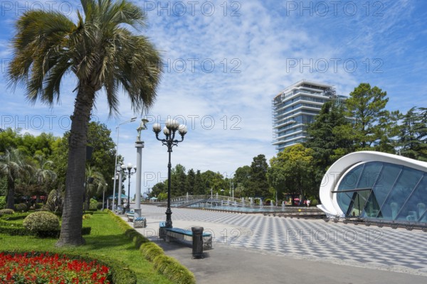 Palm trees and street lamps along a modern walkway in the urban landscape with fountain, right registry office, Batumi Boulevard, Batumi, Black Sea, Ajara region, Adjara, autonomous republic, Georgia