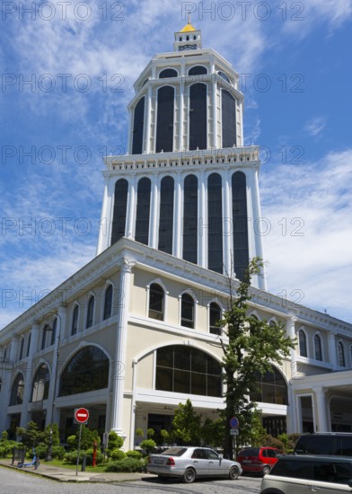 A magnificent tower of blue and white architecture rises into the sunny sky of a busy city, Hotel Sheraton, Batumi, Black Sea, Ajara region, Adjara, Autonomous Republic, Georgia