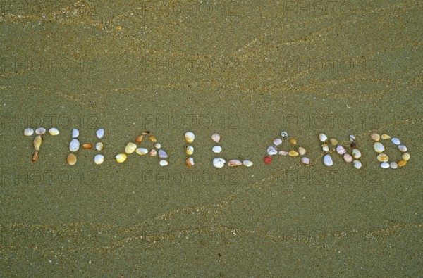Thailand written with shells in the sand on the island of Ko Lanta, Thailand, December 2002, vintage, retro, old, historic