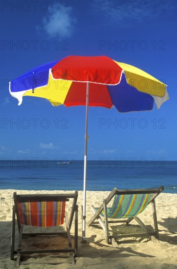 Sunshade and deckchairs on a beach on the island of Ko Lanta, Thailand, December 2002, vintage, retro, old, historic