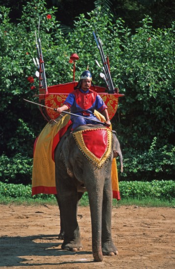 Performance with elephants at Samphran Elephant Ground and Zoo near Bangkok, Thailand, December 2002, vintage, retro, old, historic