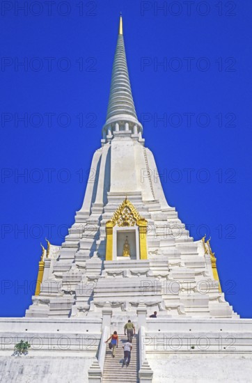 People, Chedi, white and gold temple Wat Phukao Thong, Ayutthaya, Thailand, December 2002, vintage, retro, old, historic