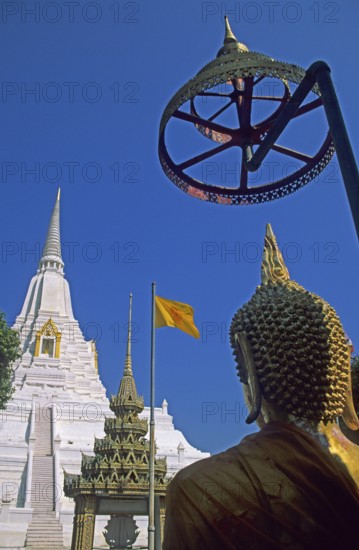 Chedi, archway, Buddha statue, white and gold temple Wat Phukao Thong, Ayutthaya, Thailand, December 2002, vintage, retro, old, historic