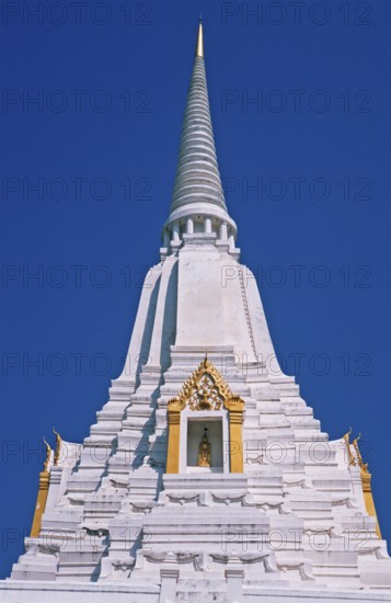 Chedi, white and gold temple Wat Phukao Thong, Ayutthaya, Thailand, December 2002, vintage, retro, old, historic