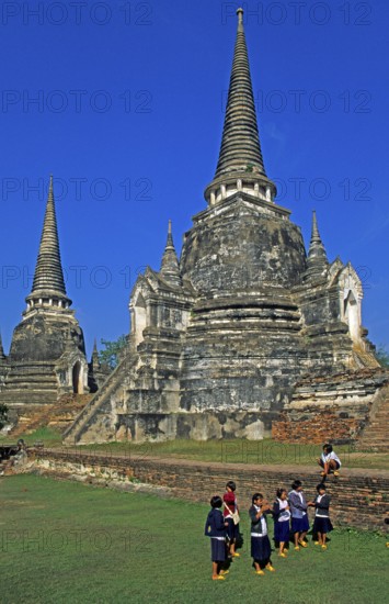 People, girls, chedis at Wat Phra Si Sanphet, Ayutthaya, Thailand, December 2002, vintage, retro, old, historical