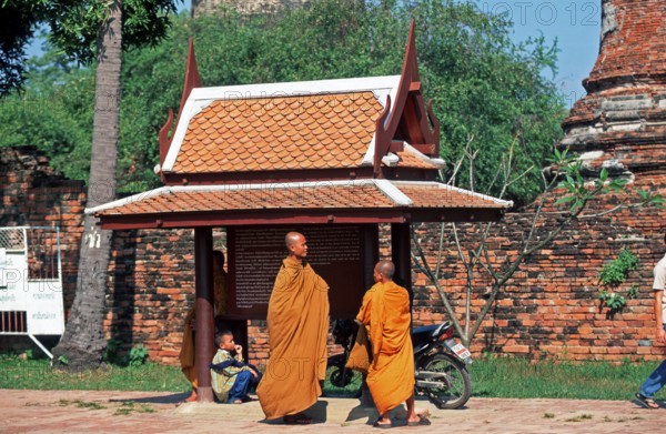 Monks, boy, Wat Phra Si Sanphet, Ayutthaya, Thailand, December 2002, vintage, retro, old, historic