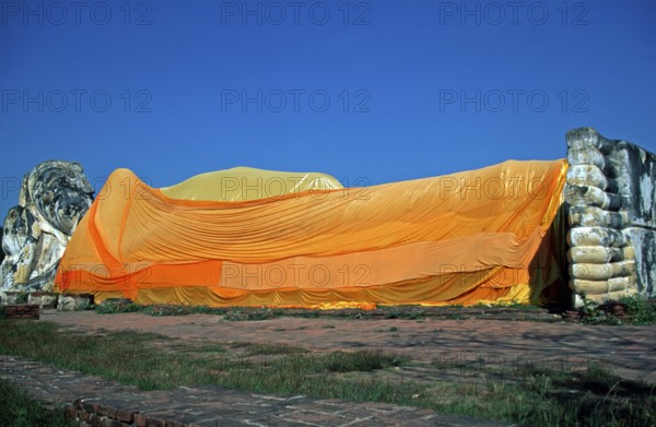 Statue of the reclining Buddha, Ayutthaya, Thailand, December 2002, vintage, retro, old, historic