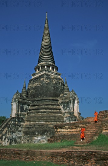 Monks, chedi at Wat Phra Si Sanphet, Ayutthaya, Thailand, December 2002, vintage, retro, old, historic