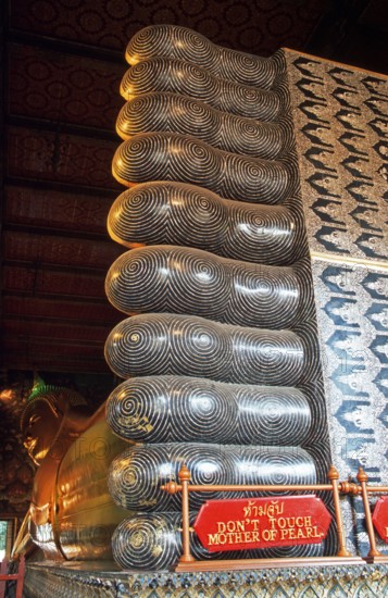 Reclining Buddha in Wat Pho, Bangkok, Thailand, December 2002, vintage, retro, old, historic
