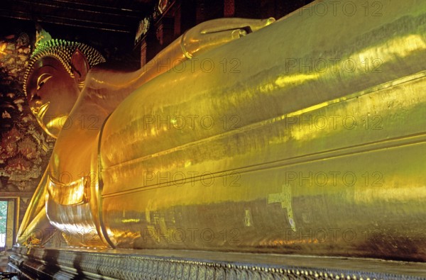 Reclining Buddha in Wat Pho, Bangkok, Thailand, December 2002, vintage, retro, old, historic