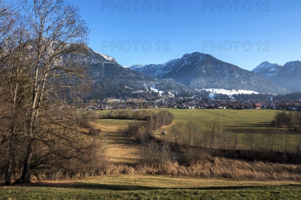 View of Oberstdorf, Schattenberg behind and mountains of the Allgäu Alps, Oberstdorf, Oberallgäu, Allgäu, Bavaria, Germany